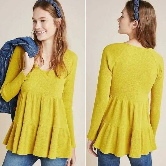 Anthropologie Tops - Anthropologie Maeve Samina Thermal Babydoll Long Sleeve Top Yellow